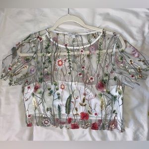 MENDOCINO • cropped mesh blouse with floral decal and built-in bandeau